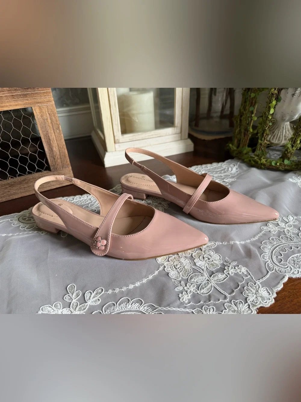 NWOT Bandolino blush Rose Patent Leather Pointed Sling Back Maryjane Flats sz 6.